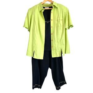 Dressbarn 3 pc linen set cropped pants short sleeve tank beaded green black 20w